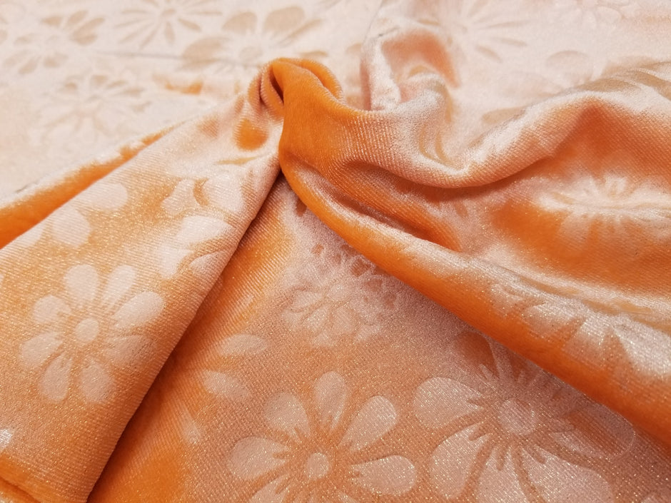 1 Yard Orange Stardust Embossed Floral Stretch Velvet Fabric for Dresses Decor DIY 56" Width