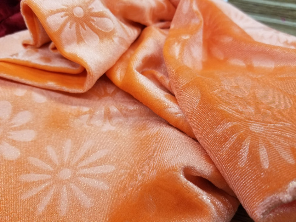 1 Yard Orange Stardust Embossed Floral Stretch Velvet Fabric for Dresses Decor DIY 56" Width