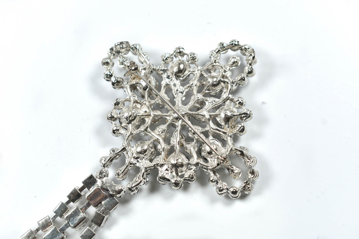Rhinestone Crown Brooch with Dangling Silver