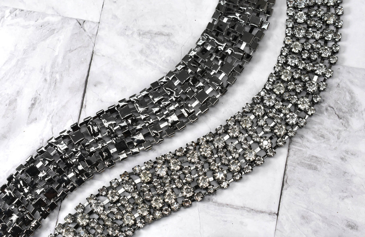 Rhinestone Trim Applique Clear Gunmetal 10.5in