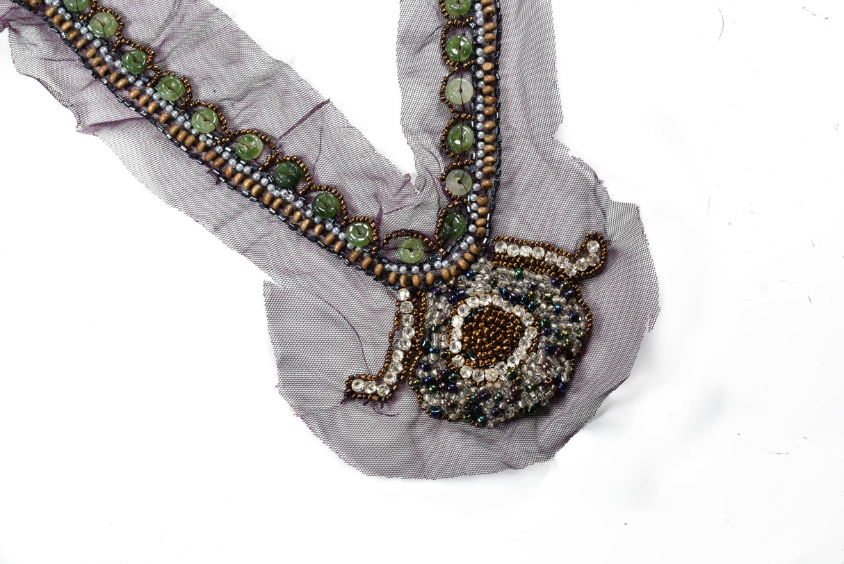 Beaded Neckline Applique Multi-Color Mesh