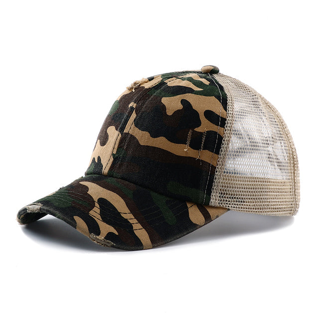 Criss-Cross Cap - Camouflage Green Fabric - Camouflage Green, Criss-Cross Ponytail Slot, Adjustable Strap (1 Cap)