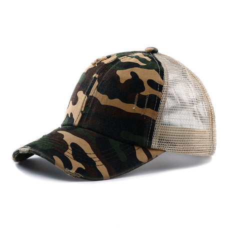 Criss-Cross Cap - Camouflage Green Fabric - Camouflage Green, Criss-Cross Ponytail Slot, Adjustable Strap (1 Cap)