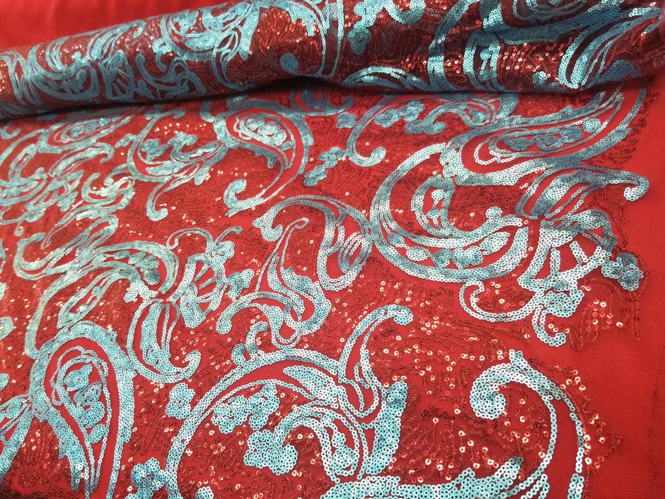 1 Yard Turquoise Black Paisley Bridal Lace Fabric with Sequin Embroidery Elegant Sheer Mesh 54 Inch Width
