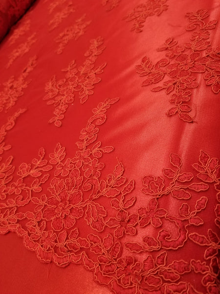 1 Yard Elegant Red Floral Embroidery Lace Mesh Fabric for Wedding Dresses 50 Inch Width