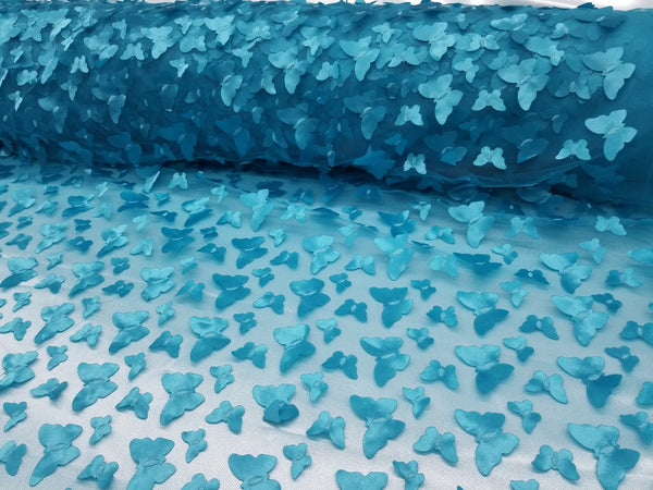 1 Yard Turquoise 3D Butterfly Embroidered Mesh Tulle Fabric for Dress Decor 54 Inches Wide