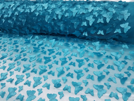 1 Yard Turquoise 3D Butterfly Embroidered Mesh Tulle Fabric for Dress Decor 54 Inches Wide