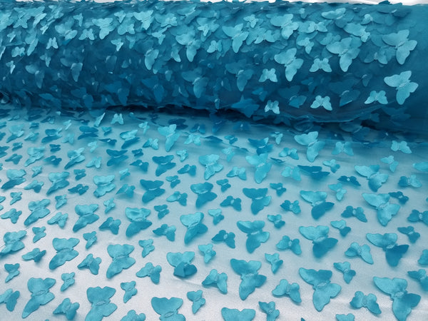 1 Yard Turquoise 3D Butterfly Embroidered Mesh Tulle Fabric for Dress Decor 54 Inches Wide