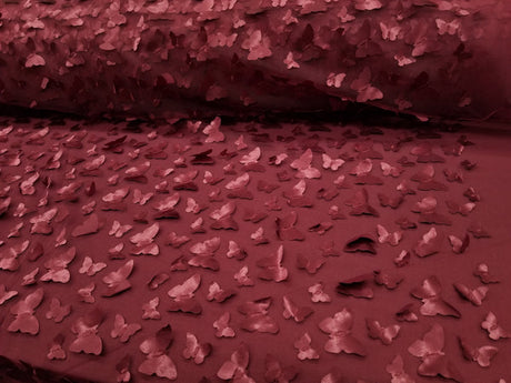 1 Yard 3D Butterfly Embroidered Burgundy Mesh Lace Fabric for Dresses and Crafts 50 Inch Width