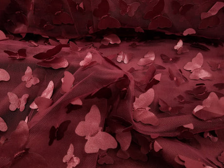 1 Yard 3D Butterfly Embroidered Burgundy Mesh Lace Fabric for Dresses and Crafts 50 Inch Width
