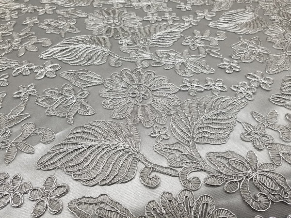 1 Yard Silver Lurex Floral Paisley Bridal Lace Fabric Elegant Embroidery 54 Inch Width