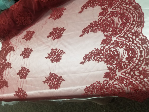 1 Yard Burgundy French Floral Mesh Lace Fabric for Bridal Gowns and Décor 54 Inch Width