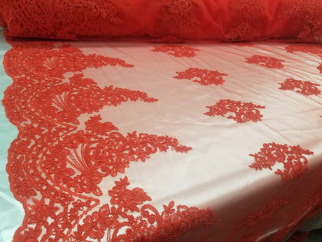 1 Yard Red French Floral Mesh Lace Fabric for Bridal Dresses and Decorations 54 Inch Width