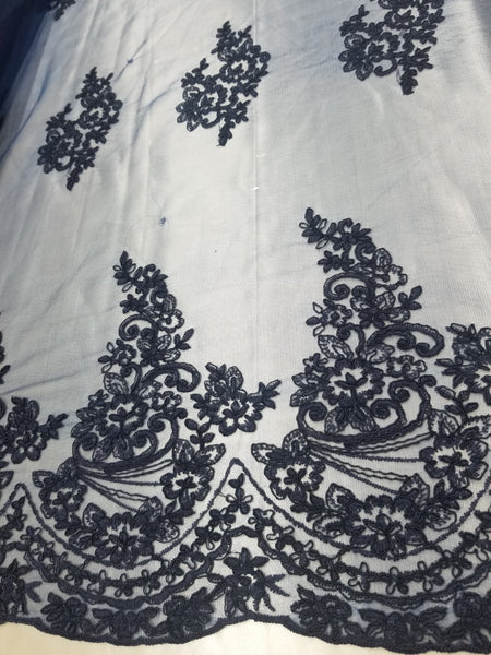 1 Yard Navy French Floral Mesh Lace Fabric for Bridal Dresses and Event Decor 54 Inch Width