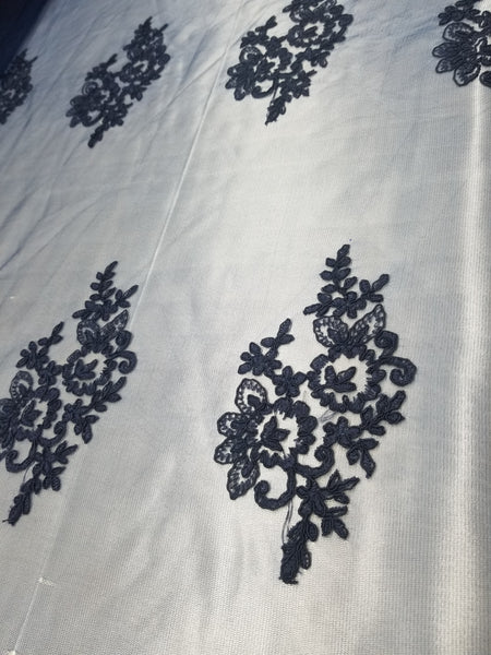 1 Yard Navy French Floral Mesh Lace Fabric for Bridal Dresses and Event Decor 54 Inch Width