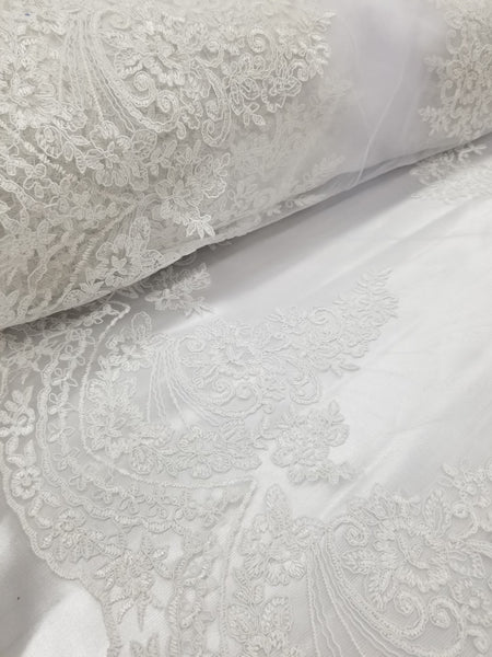 1 Yard Off White French Floral Mesh Lace Fabric for Wedding Dresses and Decor 54 Inch Width