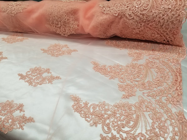 1 Yard Coral French Floral Mesh Lace Fabric for Bridal Dresses and Event Decor 54 Inch Width