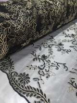 1 Yard Black Champagne Metallic Flowers Sequins Mesh Lace Fabric for Tablecloths and Costumes 54 Inch Width