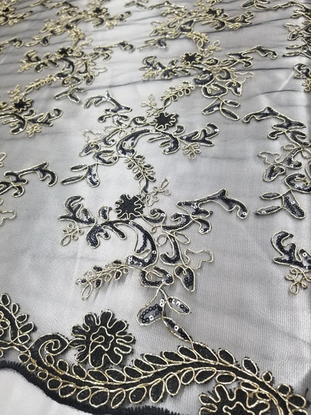 1 Yard Black Champagne Metallic Flowers Sequins Mesh Lace Fabric for Tablecloths and Costumes 54 Inch Width