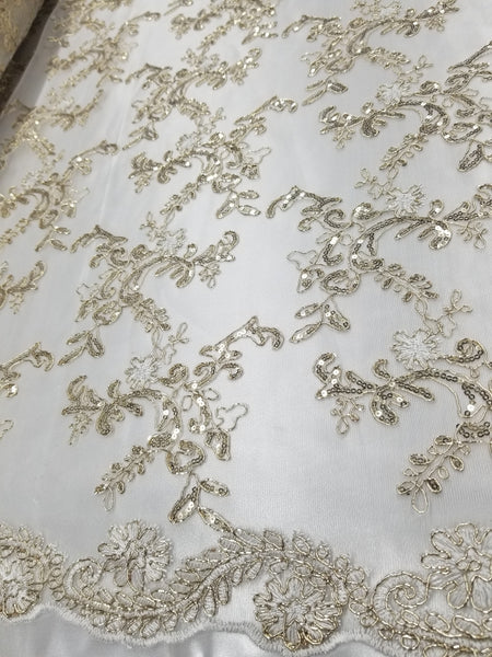 1 Yard Champagne Metallic Flowers Sequins Mesh Lace Fabric for Tablecloths and Costumes 54 Inch Width