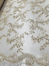 1 Yard Champagne Metallic Flowers Sequins Mesh Lace Fabric for Tablecloths and Costumes 54 Inch Width
