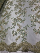 1 Yard Mint Metallic Flowers Sequins Mesh Lace Fabric for Tablecloths and Costumes 54 Inch Width