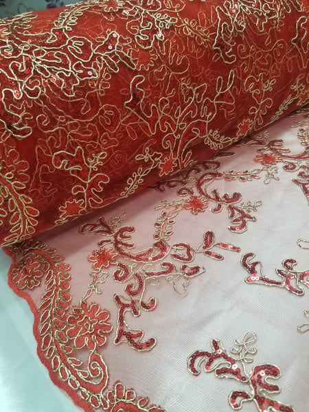 1 Yard Red Metallic Flowers Sequins Mesh Lace Fabric for Tablecloths and Costumes 54 Inch Width