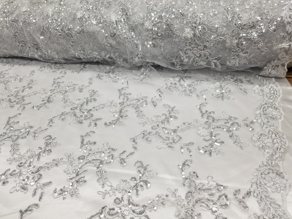 1 Yard White Metallic Flowers Sequins Mesh Lace Fabric for Tablecloths and Costumes 54 Inch Width