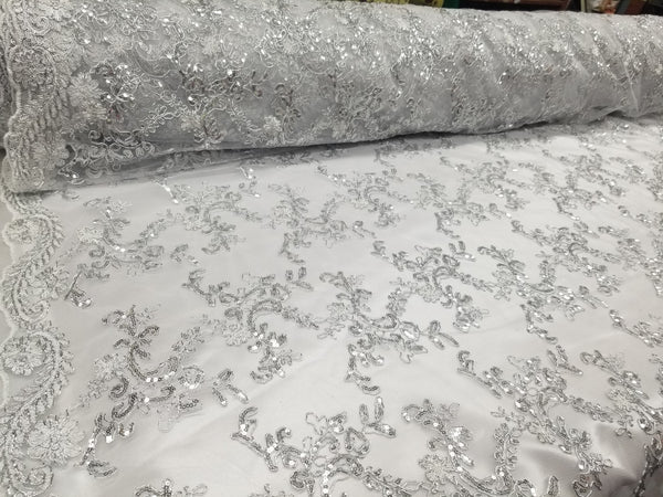 1 Yard White Metallic Flowers Sequins Mesh Lace Fabric for Tablecloths and Costumes 54 Inch Width