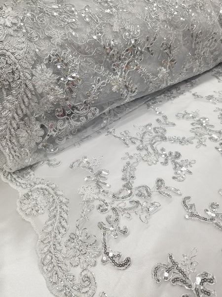 1 Yard White Metallic Flowers Sequins Mesh Lace Fabric for Tablecloths and Costumes 54 Inch Width