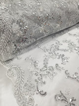 1 Yard White Metallic Flowers Sequins Mesh Lace Fabric for Tablecloths and Costumes 54 Inch Width