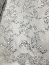 1 Yard White Metallic Flowers Sequins Mesh Lace Fabric for Tablecloths and Costumes 54 Inch Width