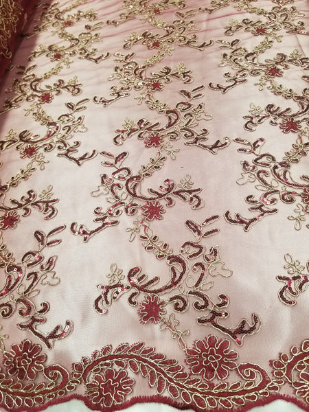 1 Yard Elegant Burgundy Floral Embroidery Lace Mesh Fabric for Wedding Dresses 50 Inch Width
