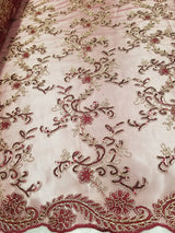 1 Yard Elegant Burgundy Floral Embroidery Lace Mesh Fabric for Wedding Dresses 50 Inch Width