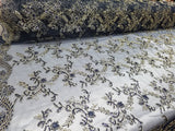 1 Yard Navy Metallic Flowers Sequins Mesh Lace Fabric for Tablecloths and Costumes 54 Inch Width