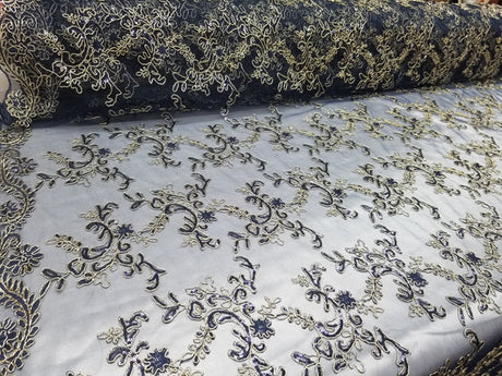 1 Yard Navy Metallic Flowers Sequins Mesh Lace Fabric for Tablecloths and Costumes 54 Inch Width