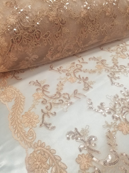 1 Yard Coral Metallic Flowers Sequins Mesh Lace Fabric for Tablecloths and Costumes 54 Inch Width