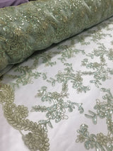 1 Yard Mint Metallic Flowers Sequins Mesh Lace Fabric for Tablecloths and Costumes 54 Inch Width