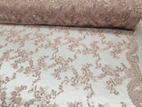 1 Yard Dusty Rose Metallic Flowers Sequins Mesh Lace Fabric for Tablecloths and Costumes 54 Inch Width