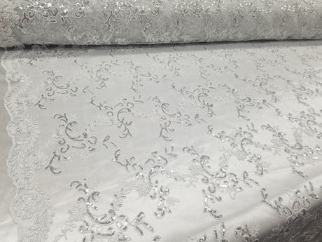 1 Yard White Metallic Flowers Sequins Mesh Lace Fabric for Tablecloths and Costumes 54 Inch Width