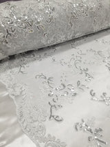 1 Yard White Metallic Flowers Sequins Mesh Lace Fabric for Tablecloths and Costumes 54 Inch Width