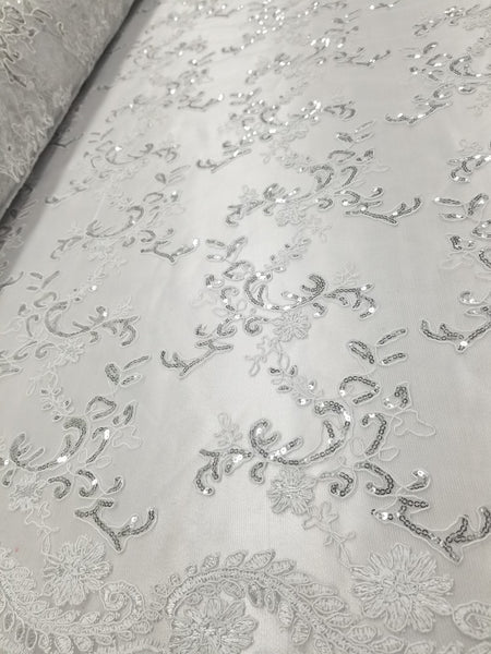 1 Yard White Metallic Flowers Sequins Mesh Lace Fabric for Tablecloths and Costumes 54 Inch Width