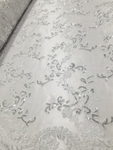 1 Yard White Metallic Flowers Sequins Mesh Lace Fabric for Tablecloths and Costumes 54 Inch Width