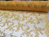 1 Yard Yellow Gold Metallic Flowers Sequins Mesh Lace Fabric for Tablecloths and Costumes 54 Inch Width