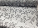 1 Yard Silver Metallic Flowers Sequins Mesh Lace Fabric for Tablecloths and Costumes 54 Inch Width