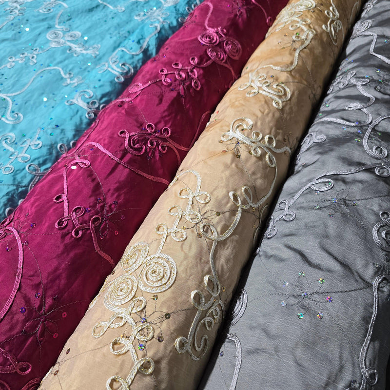 Sequins Ribbon Taffeta Polyester Fabric - Flower Swirl Embroidery With Sequins, 54" Width, Multiple Colors (1 Yard)