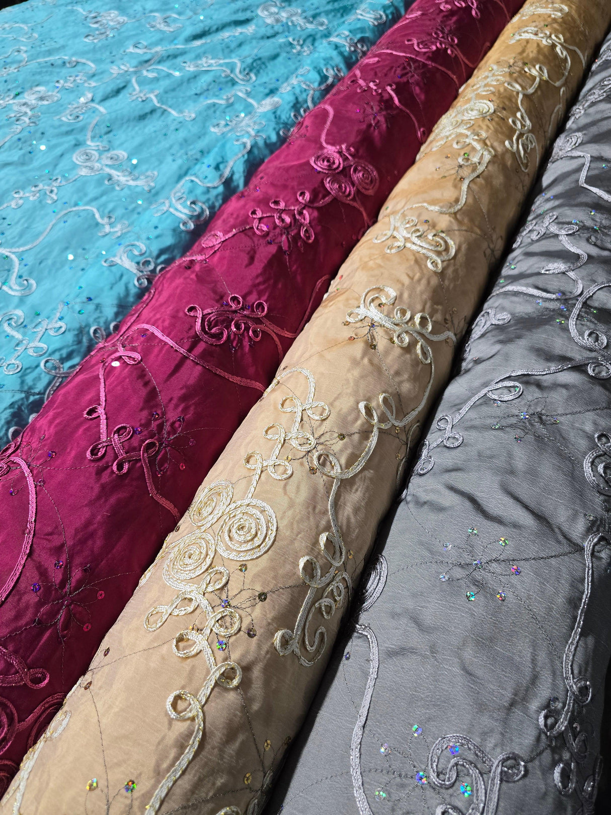Sequins Ribbon Taffeta Polyester Fabric - Flower Swirl Embroidery With Sequins, 54" Width, Multiple Colors (1 Yard)