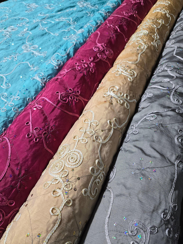 Sequins Ribbon Taffeta Polyester Fabric - Flower Swirl Embroidery With Sequins, 54" Width, Multiple Colors (1 Yard)