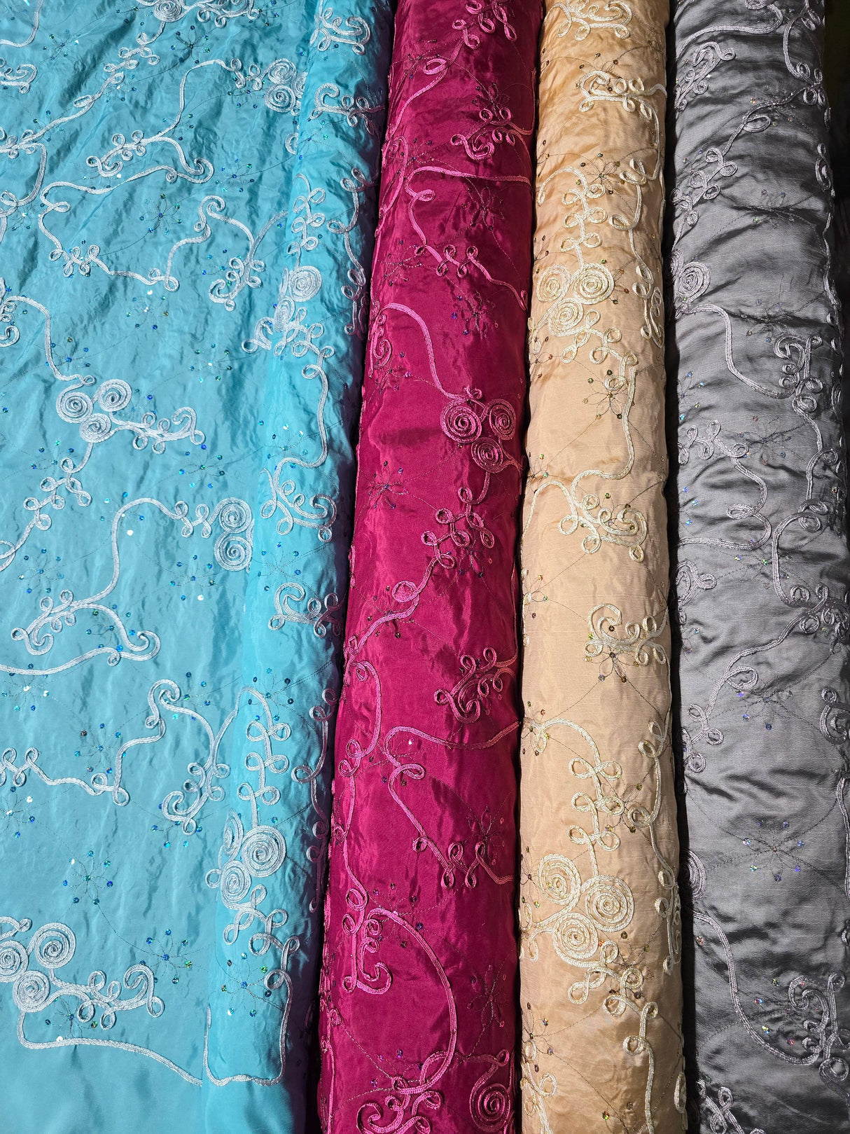 Sequins Ribbon Taffeta Polyester Fabric - Flower Swirl Embroidery With Sequins, 54" Width, Multiple Colors (1 Yard)