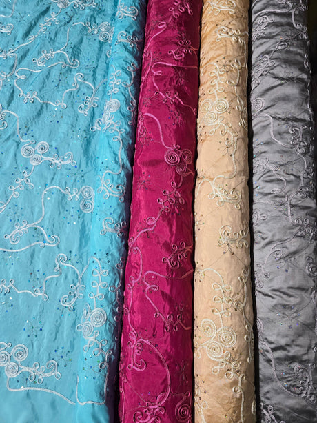 Sequins Ribbon Taffeta Polyester Fabric - Flower Swirl Embroidery With Sequins, 54" Width, Multiple Colors (1 Yard)